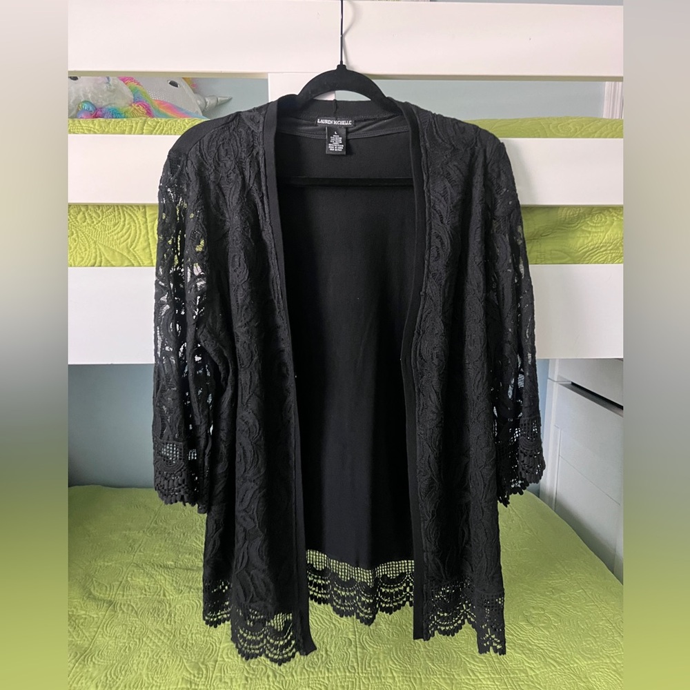 Black Lauren Michelle Mixed Knit LaceTrimmed Open Front Cardigan / Kimono L
